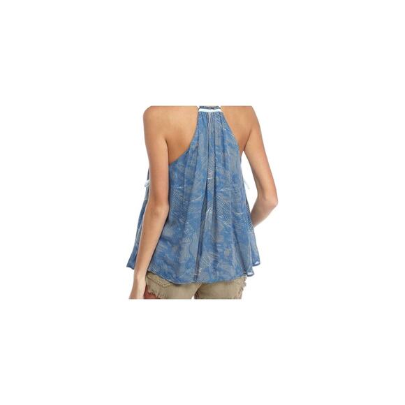 FREE PEOPLE Size M Seasons in the Sun Blouse Ocean Blue Ribbon Ties Coastal - Picture 3 of 10